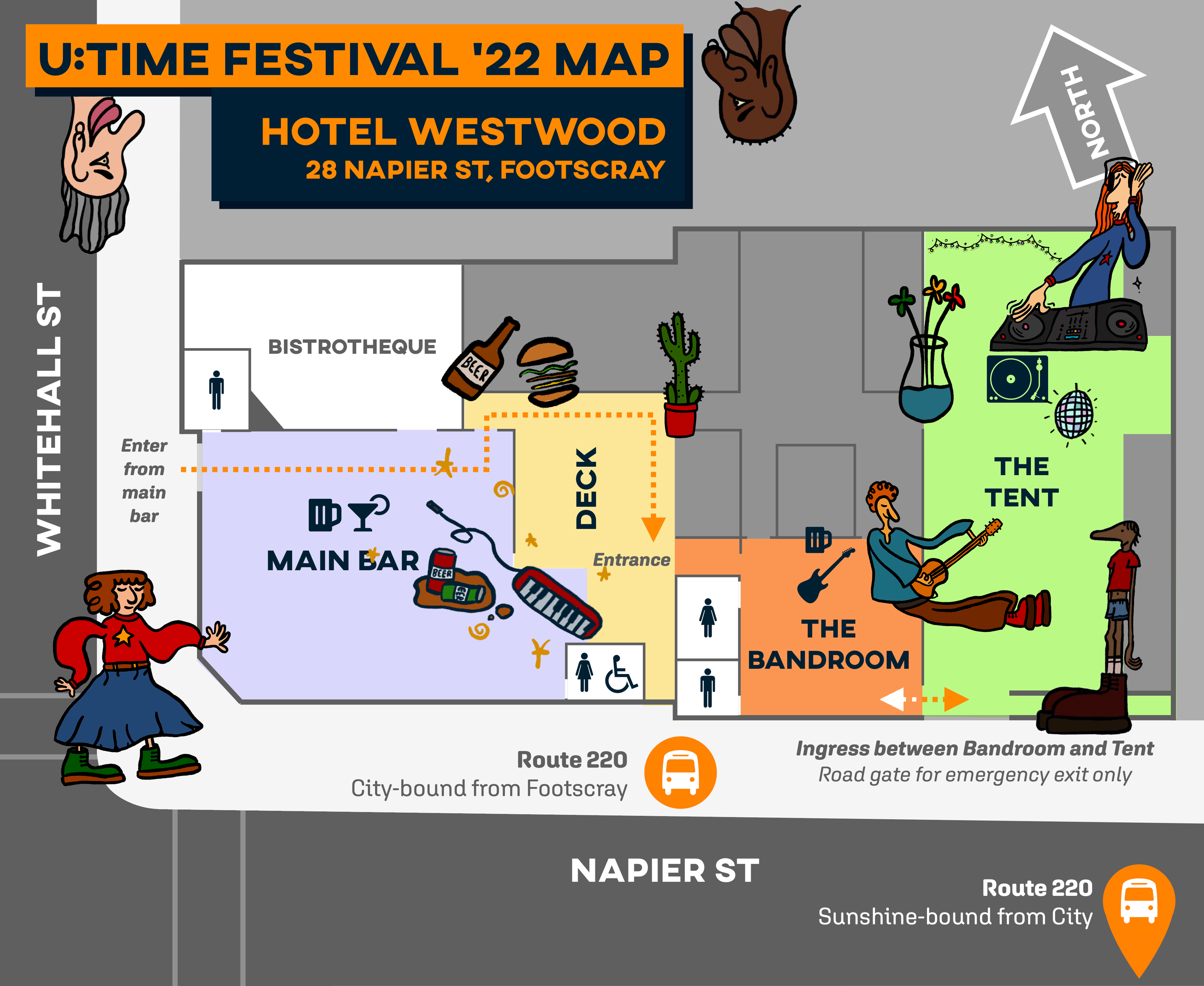 U:Time Festival Map, image showing the venue. Directs patrons to enter through the venue’s front entrance through the deck to the bandroom.